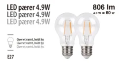 LED-pære standard 4,9 W E27 2-pk.