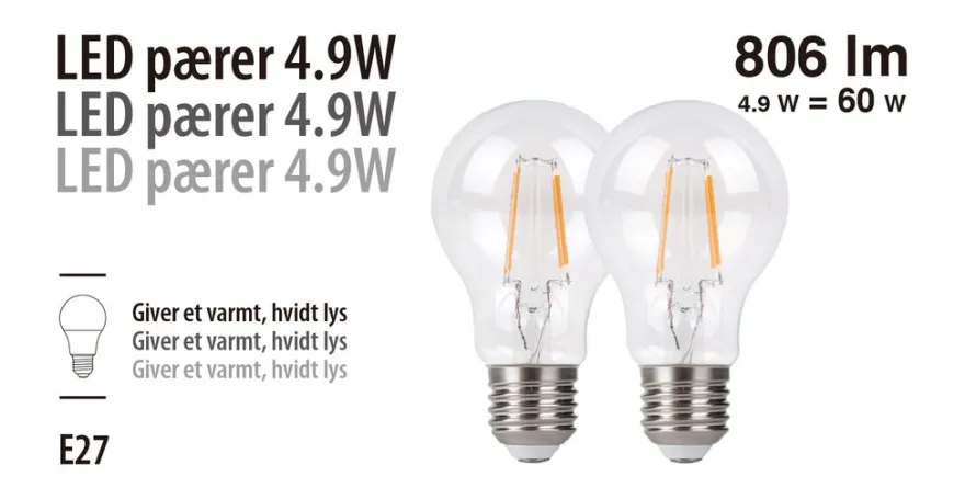 LED-pære standard 4,9 W E27 2-pk.