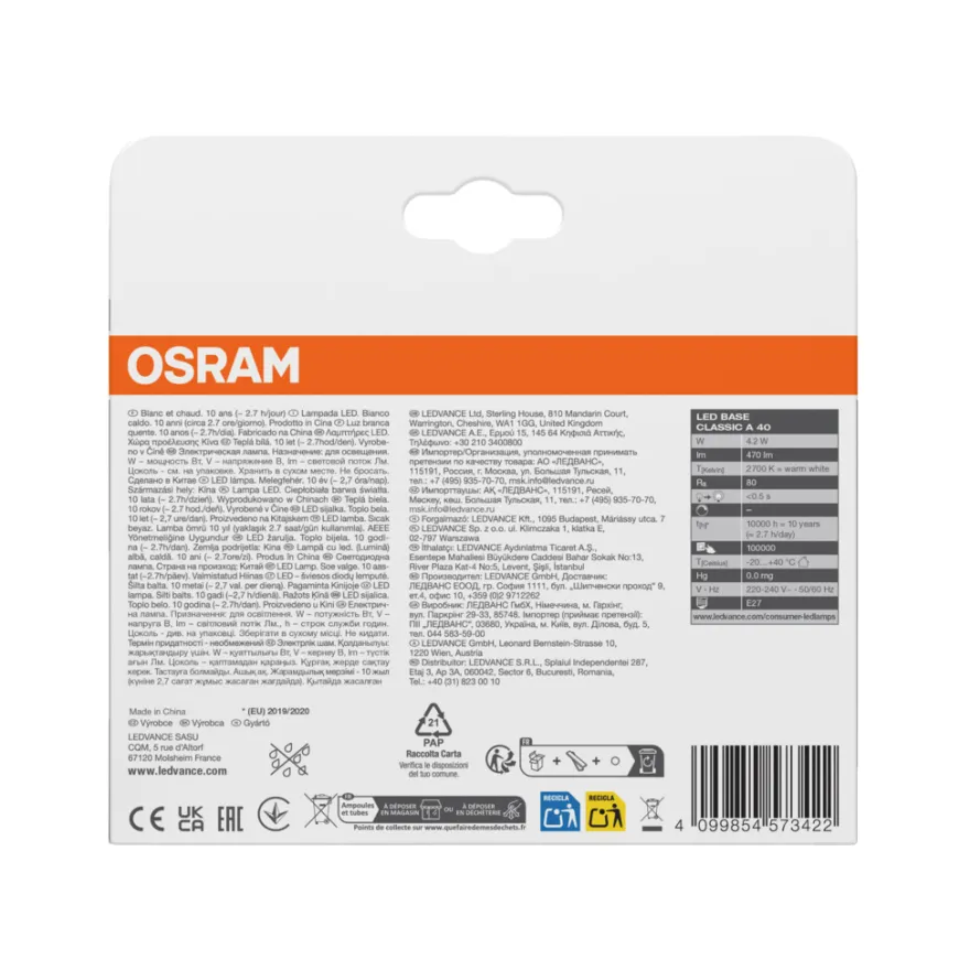 Osram LED-pære STD mat E27 4,2 W 3-pk.
